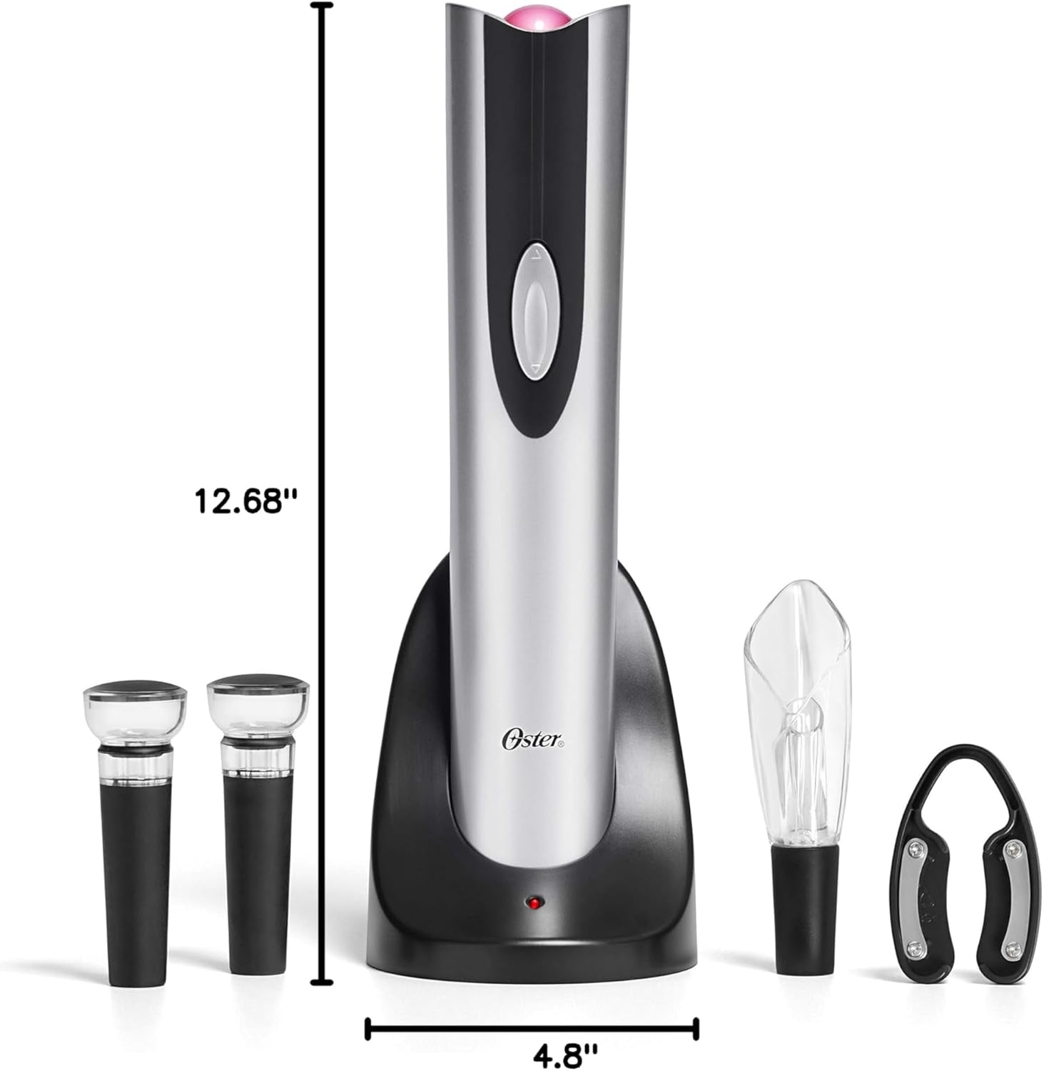 Oster Ultimate Electric Wine Opener Set: Corkscrew, Foil Cutter, Pourer, and Vacuum Stoppers with Charging Base - Sleek Black Design