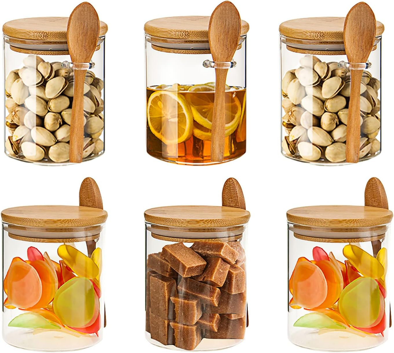 Eco-Friendly Set of 6 Borosilicate Glass Storage Jars with Bamboo Lids and Spoons - Ideal for Spices, Nuts, Cookies, and More