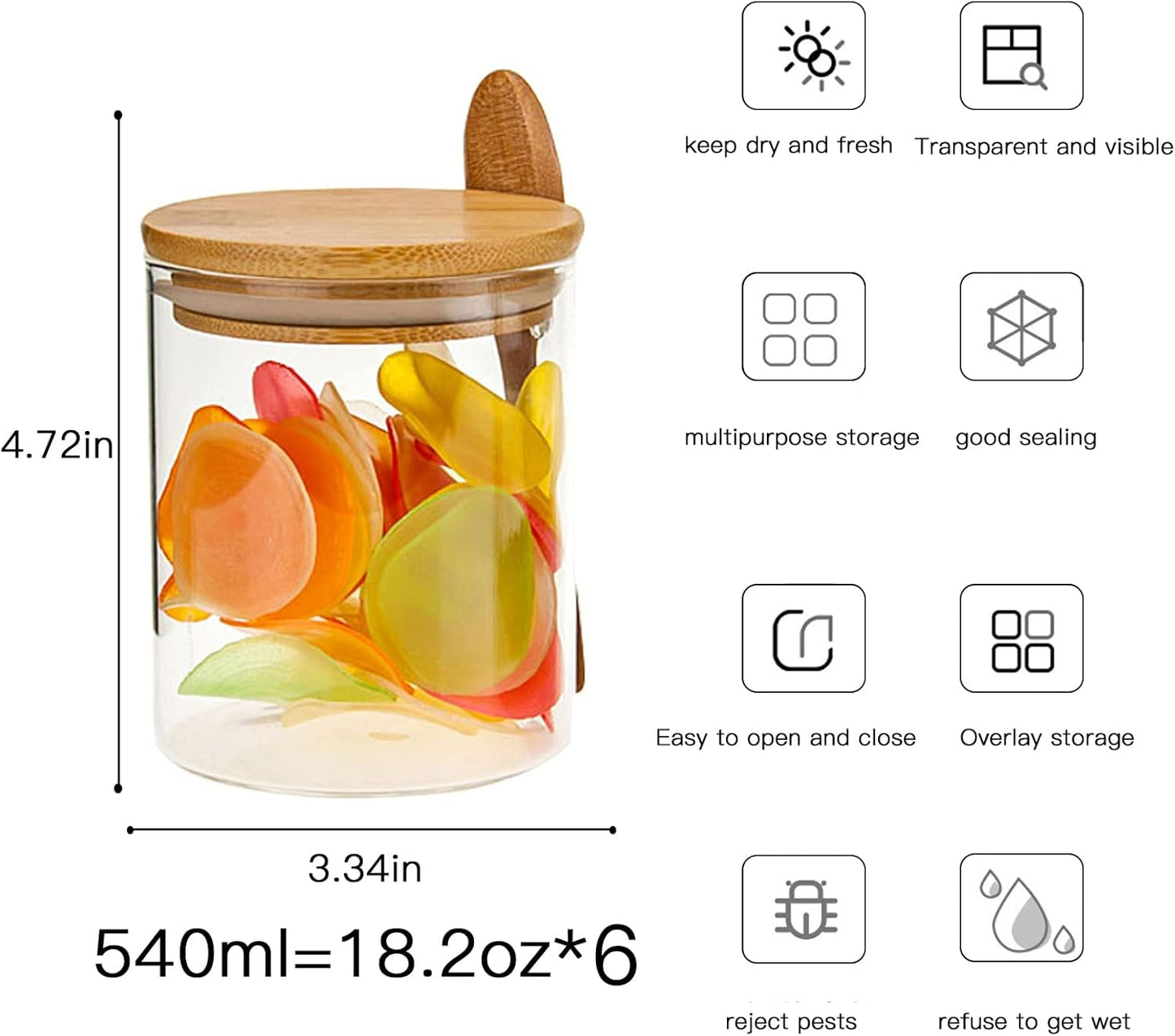 Eco-Friendly Set of 6 Borosilicate Glass Storage Jars with Bamboo Lids and Spoons - Ideal for Spices, Nuts, Cookies, and More