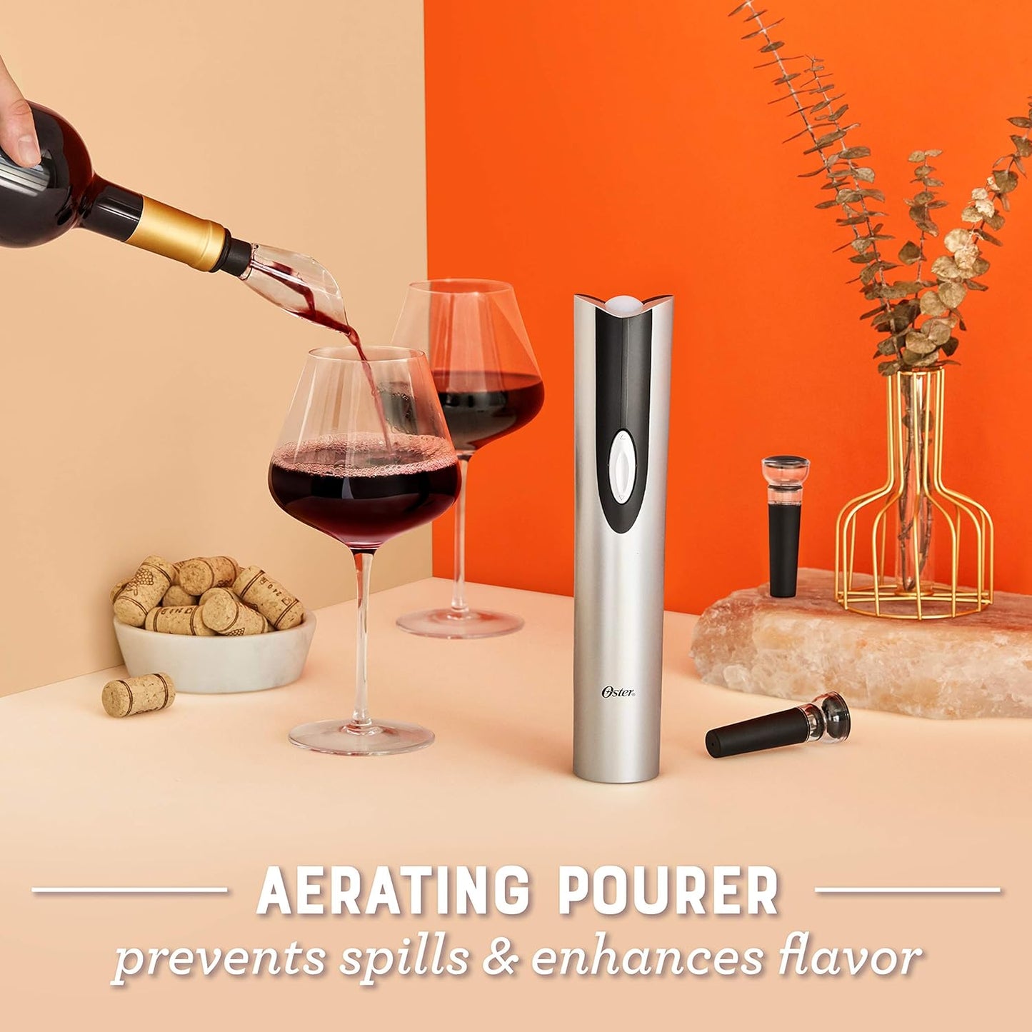 Oster Ultimate Electric Wine Opener Set: Corkscrew, Foil Cutter, Pourer, and Vacuum Stoppers with Charging Base - Sleek Black Design