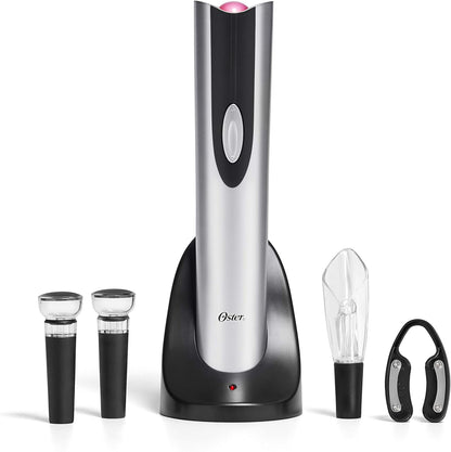 Oster Ultimate Electric Wine Opener Set: Corkscrew, Foil Cutter, Pourer, and Vacuum Stoppers with Charging Base - Sleek Black Design