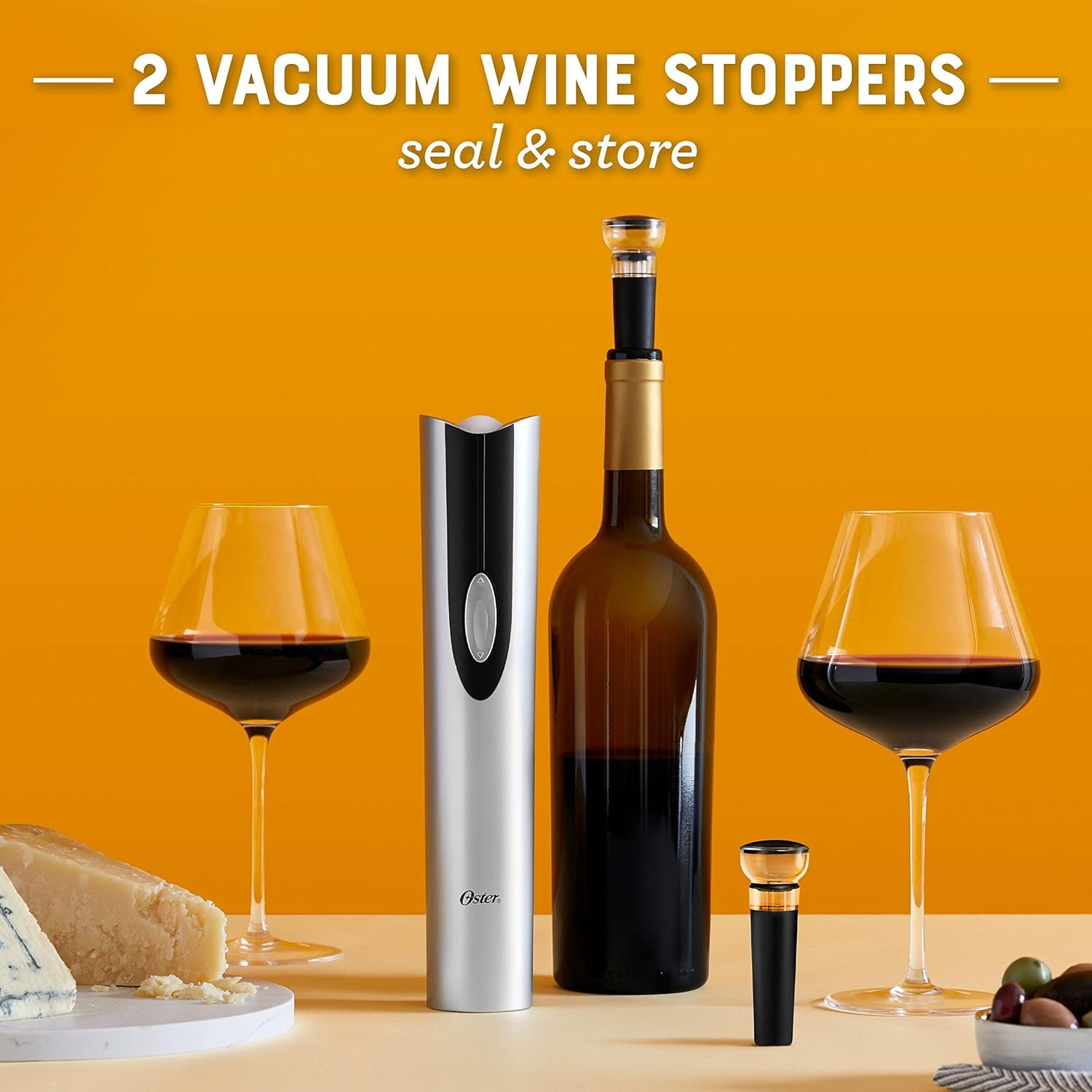 Oster Ultimate Electric Wine Opener Set: Corkscrew, Foil Cutter, Pourer, and Vacuum Stoppers with Charging Base - Sleek Black Design