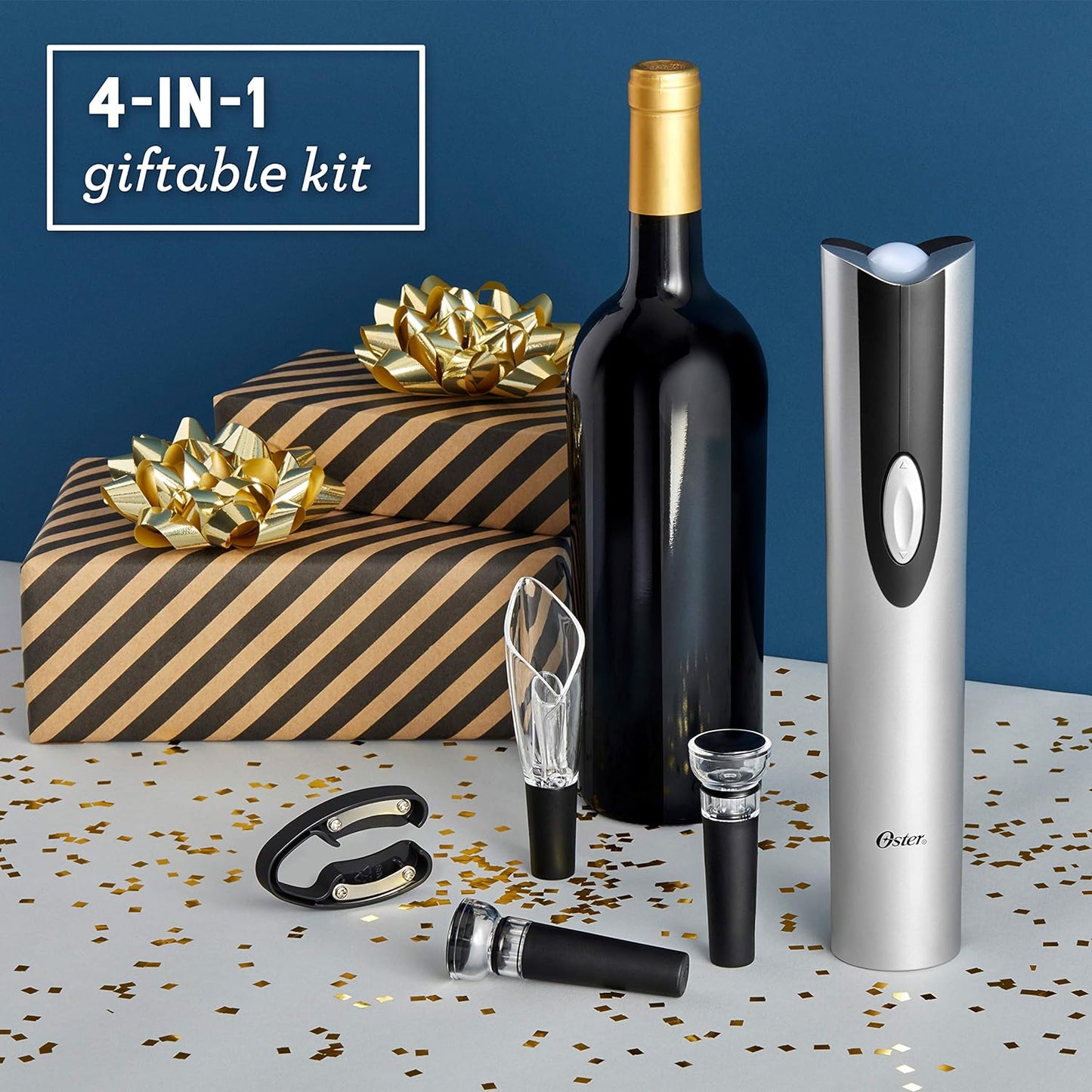 Oster Ultimate Electric Wine Opener Set: Corkscrew, Foil Cutter, Pourer, and Vacuum Stoppers with Charging Base - Sleek Black Design